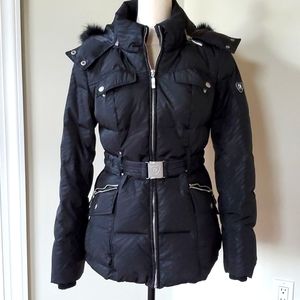 Blanc Noir Black Belted Jacket Removable Hood Size Small